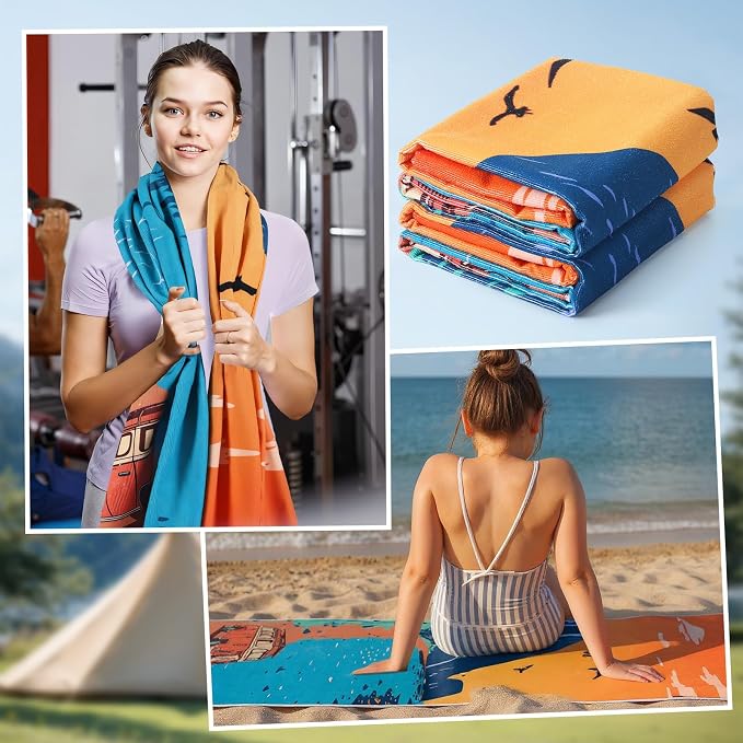 2 Pack Car Seat Towel Covers Athletic Running Towel Performance Microfiber Post Workout Sweat Washable Cover Non Slip for Seat Outdoor Sport (Beach Camping)