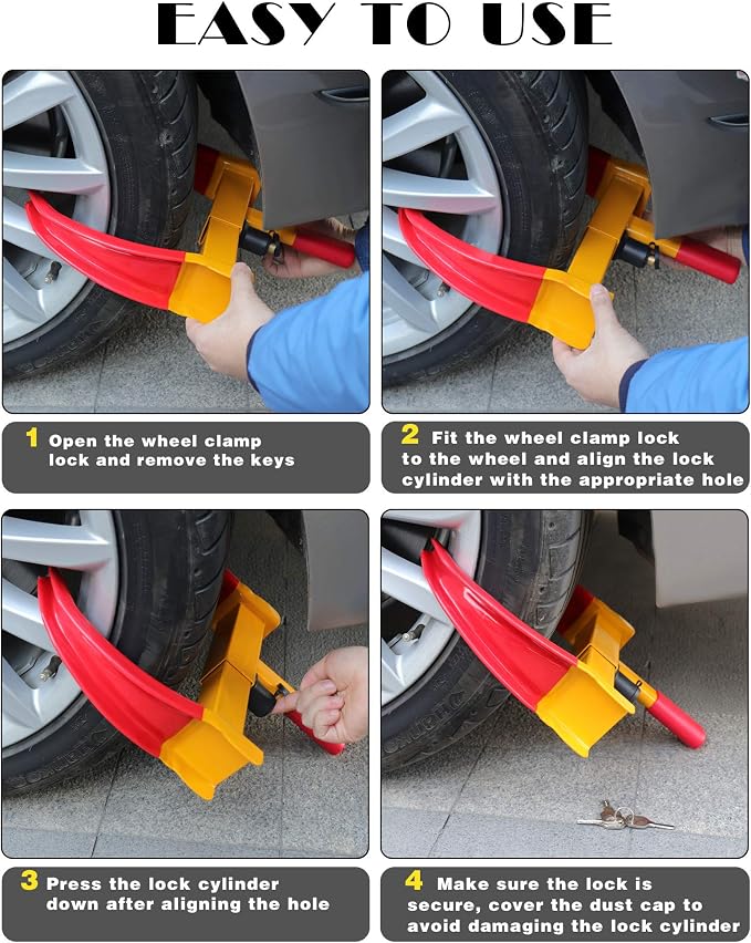 Universal Wheel Lock Heavy Duty Security Trailer Wheel Lock Anti Theft Wheel Locks for Cars SUV Camper Motorcycle Trailer Great Deterrent Bright Color with 3 Keys (Red-Yellow)