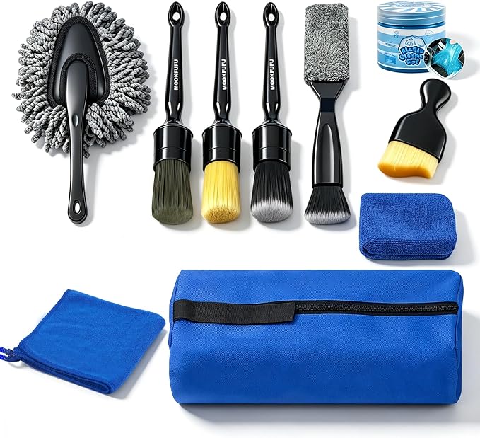 10PCS Car Detailing Brush, Ultra Soft Boars Hair Car Interior Exterior Detailing Brushes, Car Dash Duster Brush, Magic Sponge, Car Cleaning Gel, Car Accessories for Air Vents, Wheels, Leather Seat