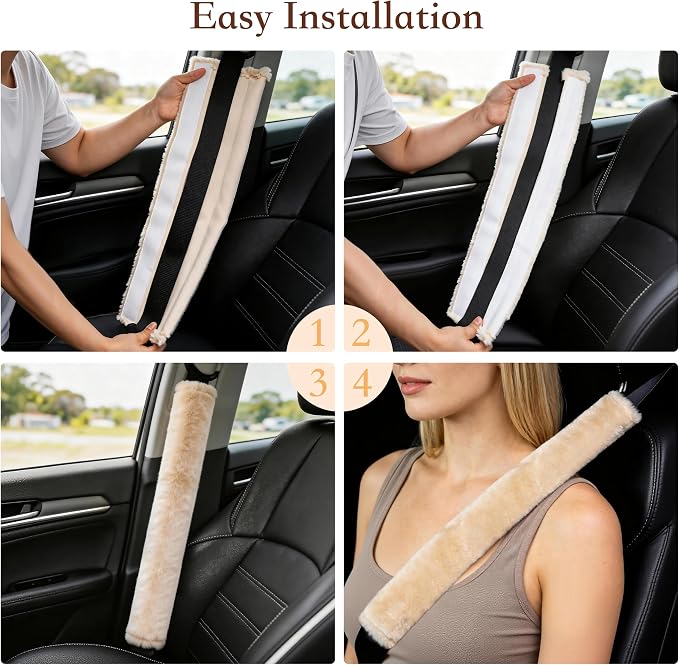 Soft Faux Fur Universal Fit Seatbelt Cover Car Truck SUV Airplane Seat Belt Shoulder Pad for Carmera Backpack Straps Neck Cushion Protector Extra Long 25.6in Beige