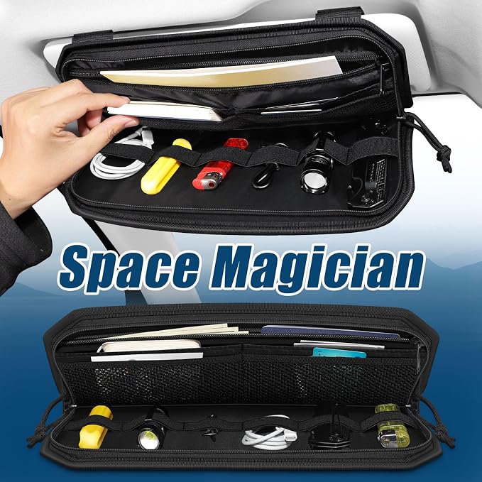 Car Sun Visor Organizer, Car Visor Organizer with Multi-Pocket Net Zipper, Sun Visor Storage with Multiple Storage Compartments for Universal Most Vehicles, 2 Pcs, Black