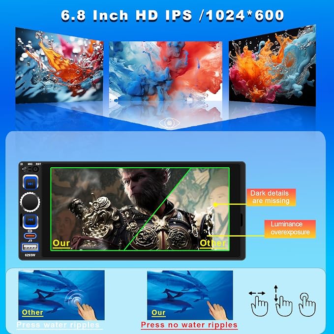 Single DIN Car Stereo Radio with Wireless Apple CarPlay & Android Auto, 6.8" IPS 1280x600 Touchscreen, Car Bluetooth 5.2, FM Radio, Backup Camera, Dual USB, EQ Audio, 180W Subwoofer Car Audio Receiver