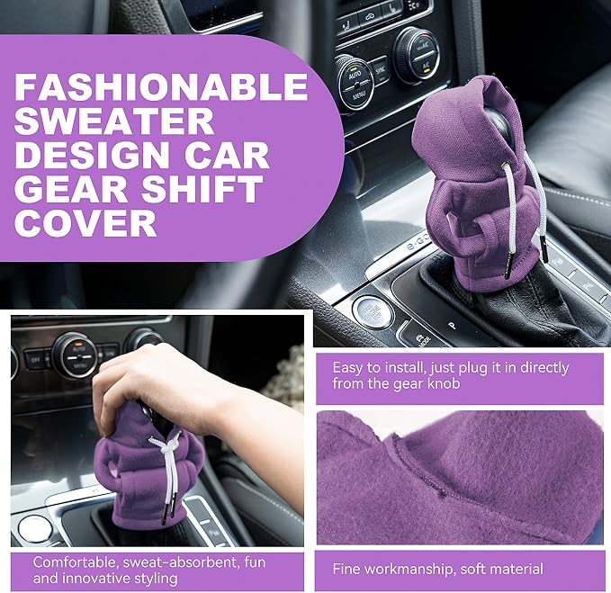 Gear Shift Hoodie, Universal Car Shift Knob Cover, Mini Hoodie for Shifter, Automotive Interior Cute Gadgets Car Accessories and Decorations Purple