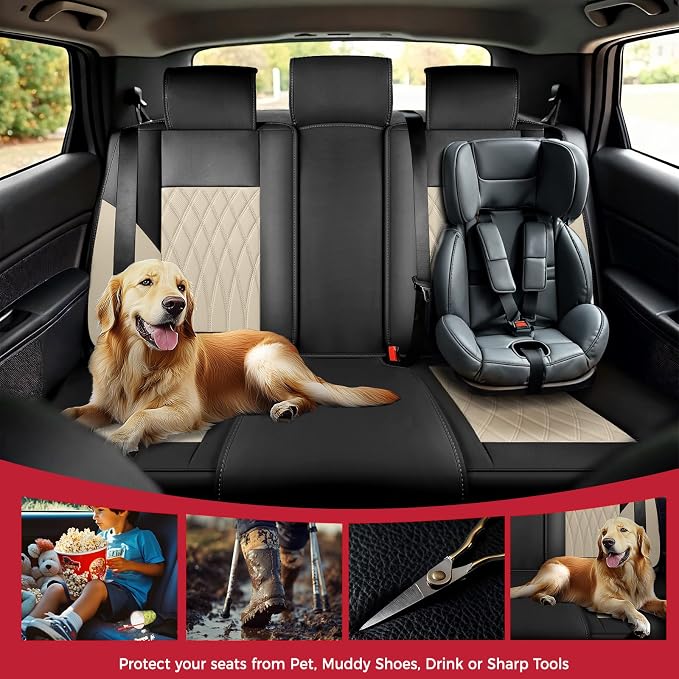 Black Beige Car Seat Covers Full Set - Faux Nappa Leather Seat Covers for Cars, Luxury Breathable Waterproof Front Seats with Lumbar Support and Back Seat Cover, Fit for Sedans SUVs Pick-ups