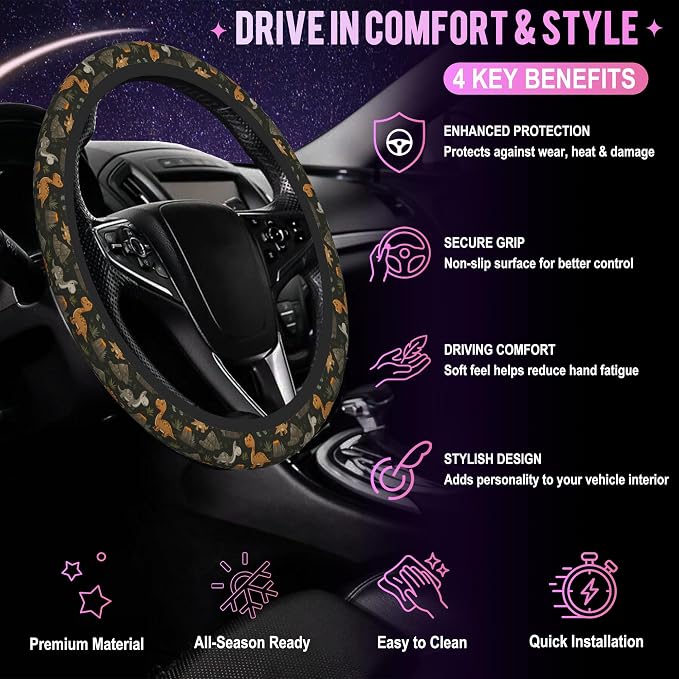 Cartoon Dinosaur Volcano Steering Wheel Cover for Women Men Neoprene Breathable Wheel Cover Protector Anti-Slip Car Accessories Universal 15 Inch Fit for Cars Trucks Vehicles