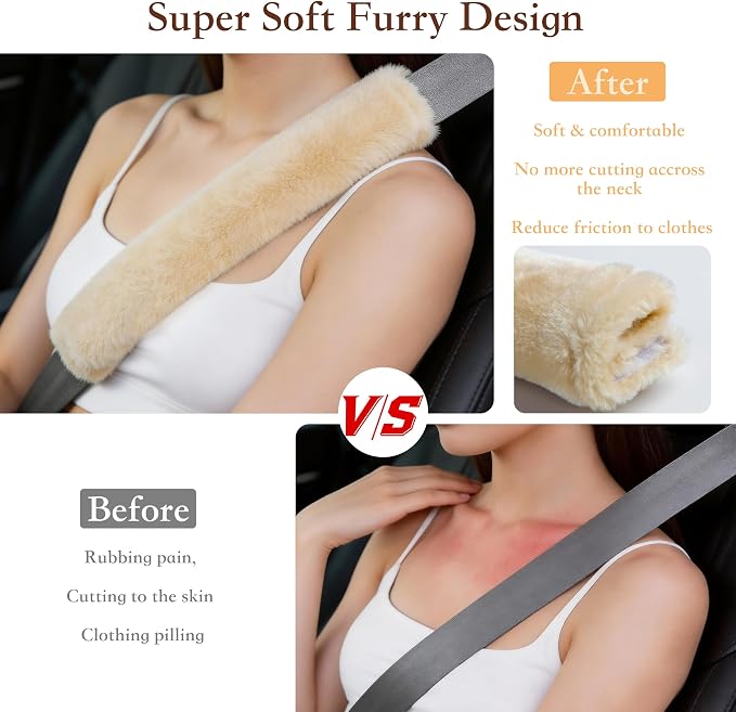Soft Faux Fur Universal Fit Seatbelt Cover Car Truck SUV Airplane Seat Belt Shoulder Pad for Carmera Backpack Straps Neck Cushion Protector 2 Pack 10.5in Beige