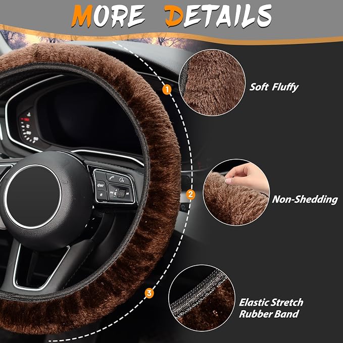 Elastic Long Microfiber Plush Steering Wheel Cover for Winter Warm, Universal 15 inch, Anti-Slip, Odorless, Brown