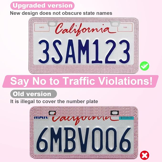 2 Pack Bling License Plate Frames for Women, Sparkly Rhinestone Diamond Car Accessories with Glitter Crystal Caps (Pink)