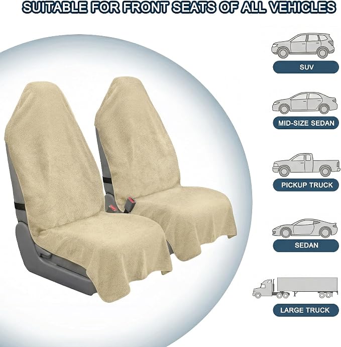Car Seat Towel Cover, 2 Pack Universal Front Seat Protector for Cars, SUVs and Trucks, Sweat Towel Car Seat Cover for Gym, Yoga, Swimming, Pets and Family Travel, Beige