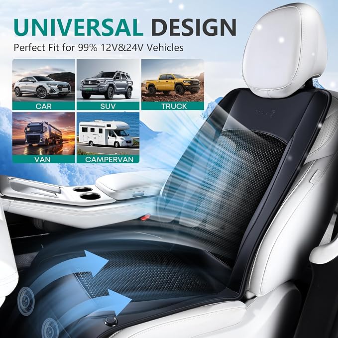Cooling Car Seat Cover Front Seat, 12V-24V Ventilated Seat Cushion, Cooling Car Seat Cushion with 2 Powerful Turbo Fans 3-Speed Adjustable for Summer Driving, Universal Fit for Car SUV Truck