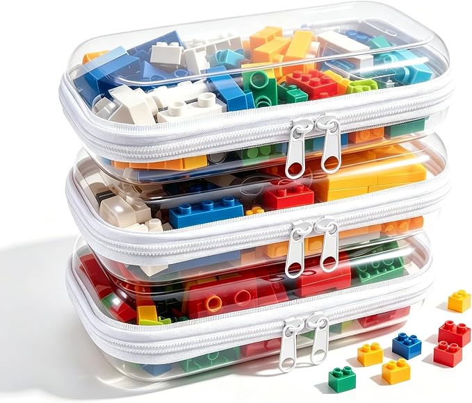 Clear Hard Plastic Zipper Case,Transparent Double Zippers Hard Pouch with 3pcs,Portable Travel Organizer Bin for Toy Storage