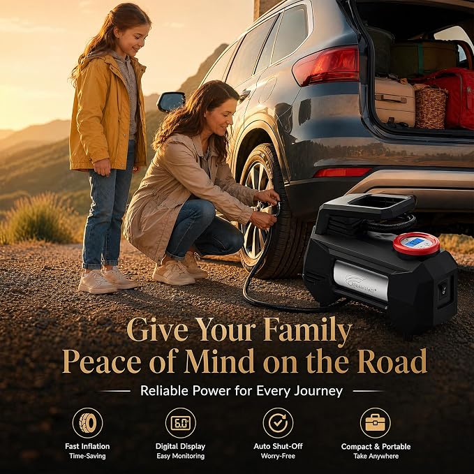 HAUSBELL Tire Inflator 150PSI Portable Air Compressor | 12V DC, 35L/Min fast inflation for SUV, Sedan & more. Digital gauge with auto shut-off. LED light for roadside & night use.