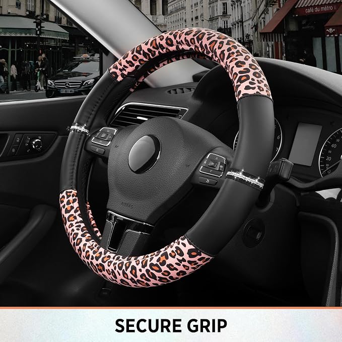 Leopard Steering Wheel Cover for Women, Cute Anti-Slip Microfiber Leather, Fits 14.5-15 Inch Steering Wheel 14.5-15 Inch - Black and Pink Cheetah