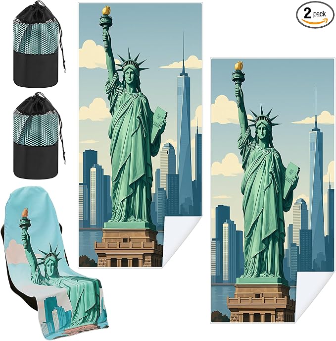 2 Pack Car Seat Towel Covers with Storage Bag, 63 x 32 Inch Universal Non Slip Waterproof Sweat Protector for Car Truck, Gym Swimming Running, Machine Washable (Statue of Liberty)