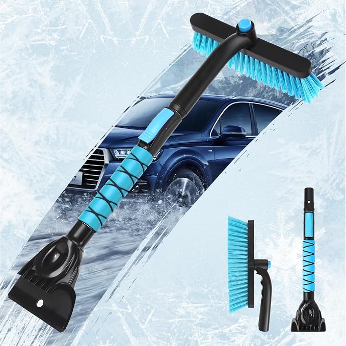 2 in 1 Extendable Snow Brush with Ice Scraper for Car Windshield, 33 Inch Car Window Scraper & Foam Snow Removal Brush for SUV, Heavy Duty Snow Cleaner for Truck Van, 360° Pivoting Head
