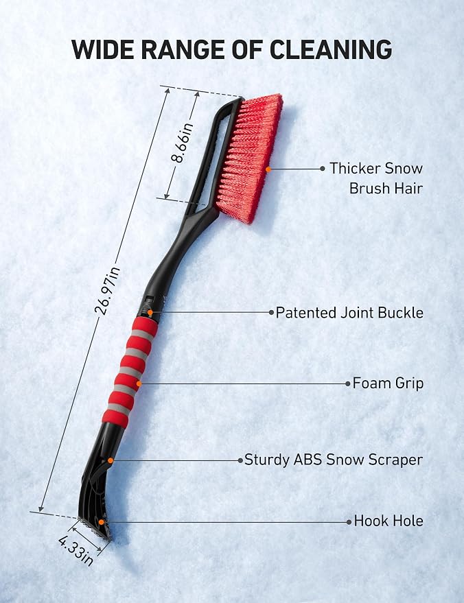 27" Snow Brush and Ice Scrapers for Car Windshield, Detachable Snow Scrapers with Ergonomic Foam Grip for Cars, Trucks, SUVs (Heavy Duty ABS, PVC Brush, Red)