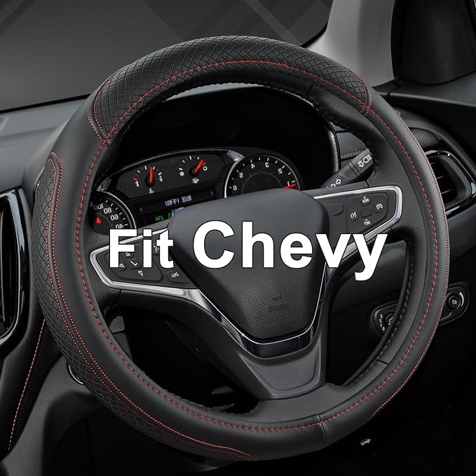 Customized Auto Car Steering Wheel Cover for Chevy 14.5-15 inches, Steering Wheel Cover for Chevrolet (Black+Red - Standard Size)
