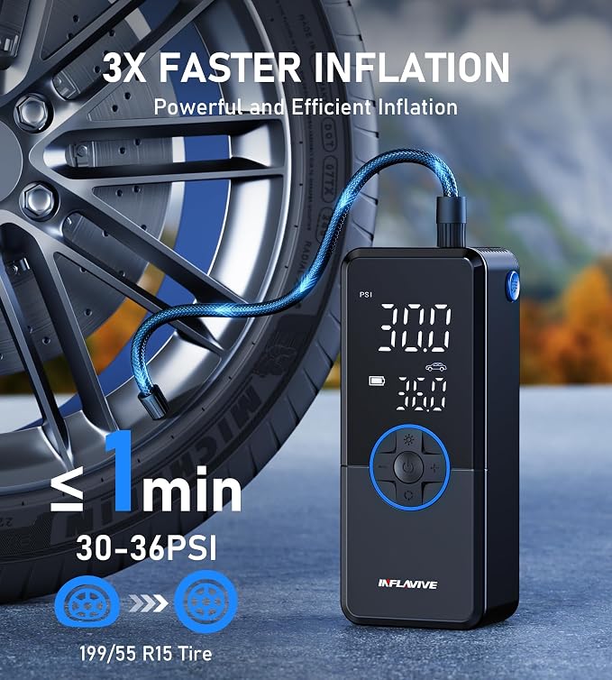 Tire Inflator Portable Air Compressor,4X Faster Inflation Cordless Tire Air Pump with Digital Gauge,Auto Shut-Off,LED Light,Electric Air Pump for Car Tires,SUV, Motorcycle, Bike, Balls(BLUE)
