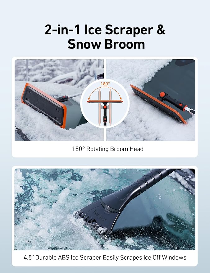 47.2 Inch 2-in-1 Snow Brush for Car Snow Broom and Detachable Ice Scraper with Non-Abrasive Silicone Head for Cars, Trucks, SUVs（Orange-Black）