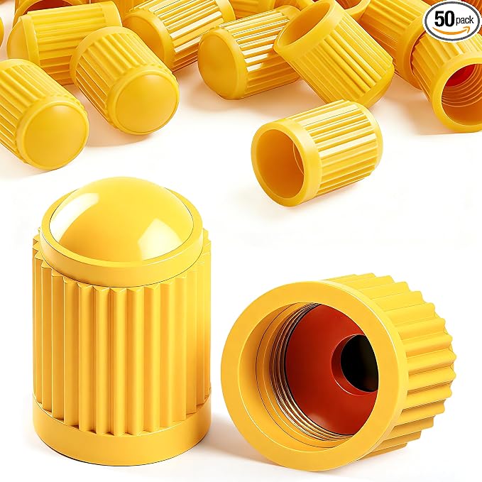 50PCS Tire Valve Stem Caps, Corrosion Resistant, with O Rubber Ring, Airtight Seal Heavy Duty Dustproof Tire Valve Stem Covers for Cars, SUV, Trucks, Bikes, Motorcycles, Bicycles(Yellow)