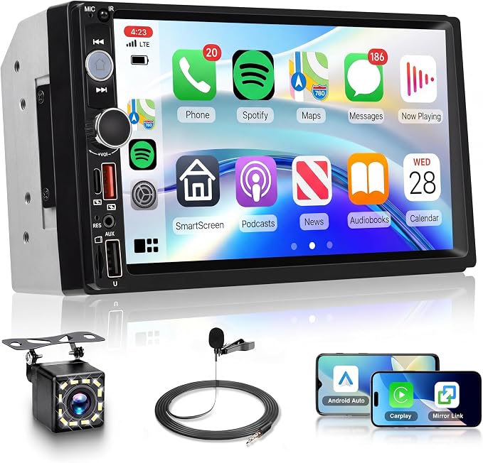 7 Inch Double Din Car Stereo, Wireless CarPlay Android Auto, 2 Din Touch Screen Radio, Bluetooth Stereo, AHD Backup Camera, Mirror Link, FM EQ SWC, Type-C USB Fast Charging, Online Video Playback