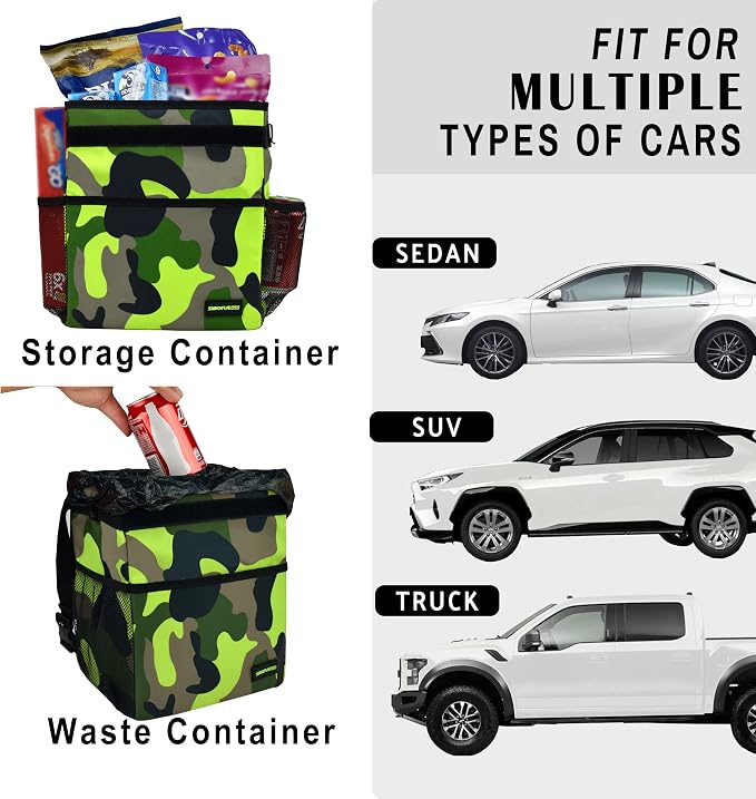 Cute Car Trash Can with Lid – Multipurpose Collapsible Trash Bin for Car, Leak-Proof Organizer, Waterproof Garbage Can with Storage Pockets & Adjustable Straps, 2 Gallons (Camo Green)