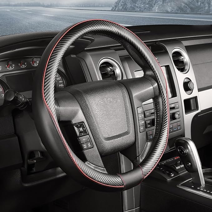 Car Steering Wheel Cover Large-Size for F150 F250 F350 Ram 4Runner Tacoma Tundra Range Rover with 15 1/2"-16" Outer Diameter Leather with Carbon Fiber Pattern Black and Red
