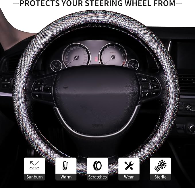 Bling Steering Wheel Cover, Bling Crystal Rhinestone Car Steering Cover Universal 14.2-15.3 inch Glitter Car Wheel Cover Sparkling Accessories （Black Silver）