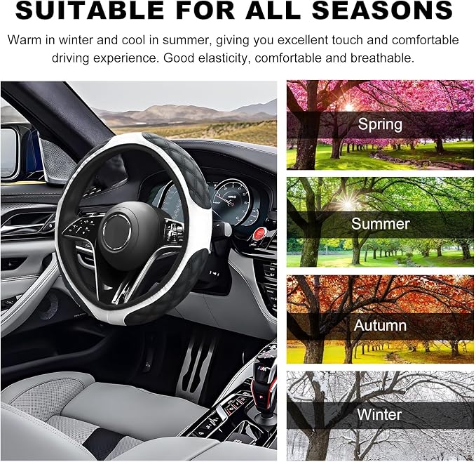Car Steering Wheel Cover, 15 Inches Non-Slip Leather Steering Wheel Protector, Universal Soft Cover Mats for Car Truck SUV Interior Accessories (White)