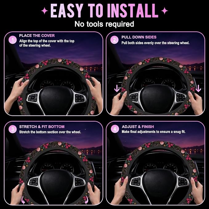 Vintage Dark Botanical Floral Steering Wheel Cover for Women Men Neoprene Breathable Wheel Cover Protector Anti-Slip Car Accessories Universal 15 Inch Fit for Cars Trucks Vehicles