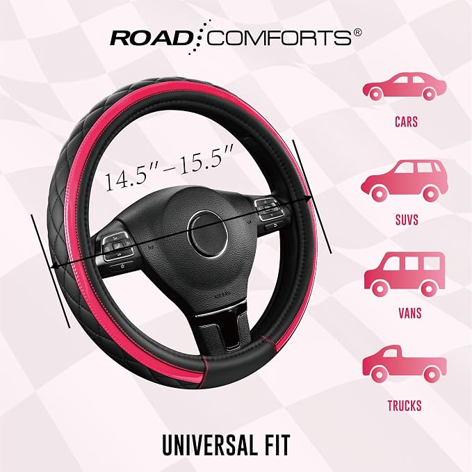 Leather Steering Wheel Cover – Black & Hot Pink, Universal Fit 14.5-15 Inch, Microfiber Leather, Anti-Slip & Breathable Design for Men and Women