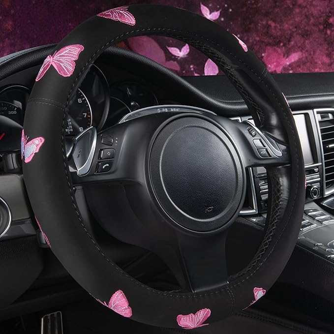 Pink Embroidery Butterfly Steering Wheel Cover, Universal 15 Inch Car Wheel Cover for Women Girls, Fit for Suvs,Small Trucks,Sedans,Cars (Black and Pink)