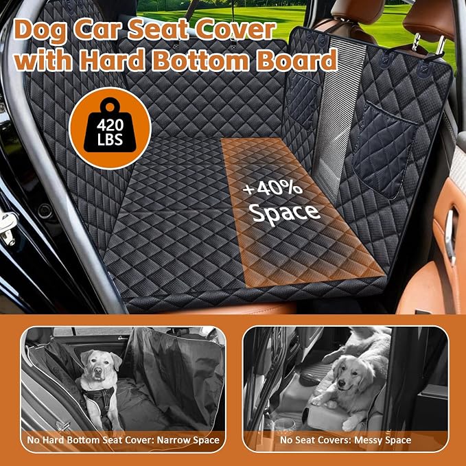 Dog Car Seat Cover for Pets Back Seat Extender for Dogs, Hard Bottom Car Seat Cover Support 420lbs Waterproof Back Seat Pet Cover for Dogs, Scratch Proof Dog Hammock for Car SUV and Truck,Universal
