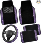 Bling Diamond Leather Steering Wheel Cover 14.5in-15in Floor Mats Shining Rhinestone Carpet Sparkly Glitter Crystal Anti-Slip Pad Fit Automotive SUV Pickup Truck Girl Women, 5pcs Black Purple