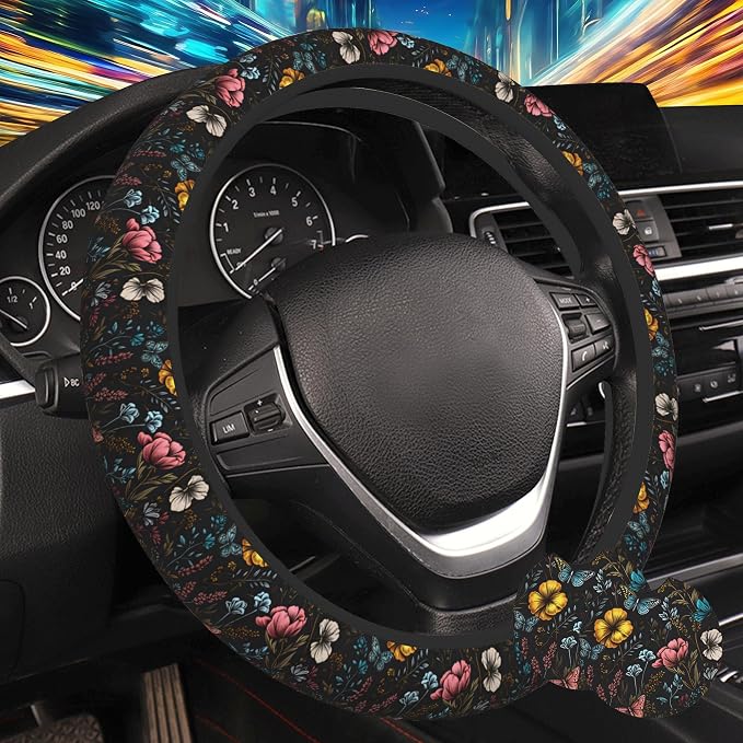 Colorful Flower and Butterfly Steering Wheel Cover for Women, Anti-Slip Car Steering Wheel Cover with 2 Pcs Cup Holders Neoprene Breathable Car Accessories Universal 15 Inch Auto Interior Decor