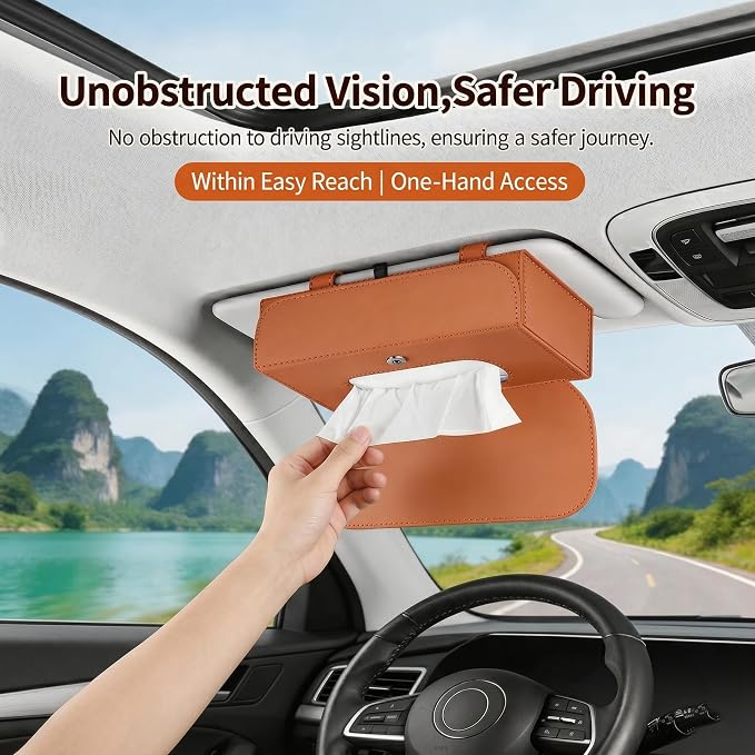 Magnetic Foldable Car Tissue Box - Easy-Install Tissue Holder for Sun Visors and Seat Backs,Premium Leather Car Napkin Organizer—Designed for Commuters,Rideshare Drivers and Families(Orange)
