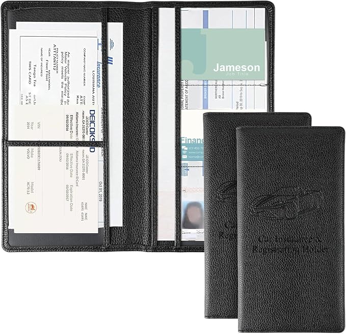 2Pack Car Registration and Insurance Holder,Car Document Holder for Cards License with Magnetic Shut,Vehicle Glove Box Car Organizer for Documents, Cards, License(Embossed leather Black)