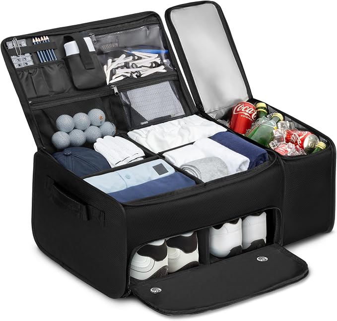 Golf Organizer for Car Trunk with Cooler, Anti-Sag Design, Ventilated Shoe Compartment, 2-Layer Storage Bag for Golf Accessories, Fits SUVs & Sedans - Black