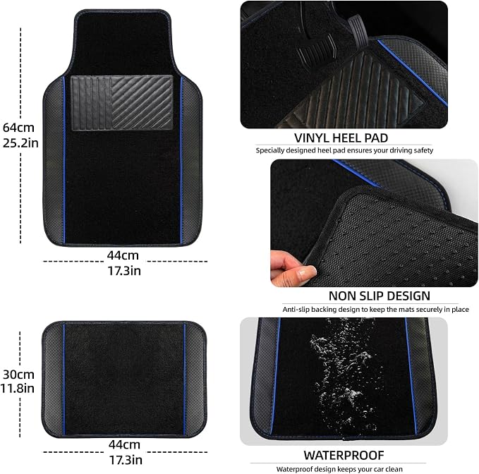 10 Pcs Car Floor Mats Full Set Car Accessories, Microfiber Leather Steering Wheel Covers 14.5-15 inch, Center Console Cover, Seat Belt Pads, Cup Coasters, Universal Interior Decor(Blue)
