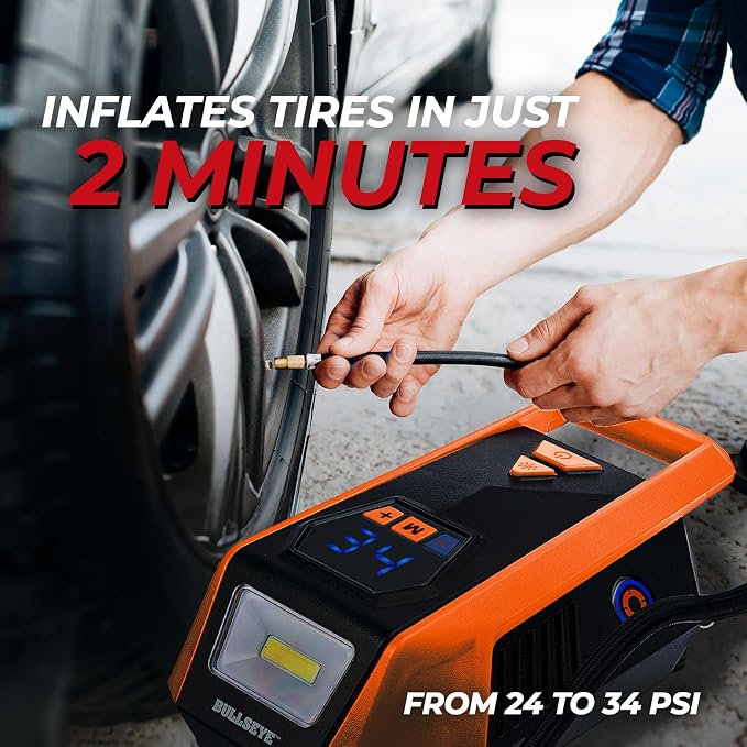 Bullseye 12V DC Car Tire Inflator Portable Air Compressor - Rapid 2 Minute Inflation, Auto Shut-Off, Max 150 PSI, Easy Cord Storage, Digital Pressure Gauge, LED Display (Orange) - As Seen on TV