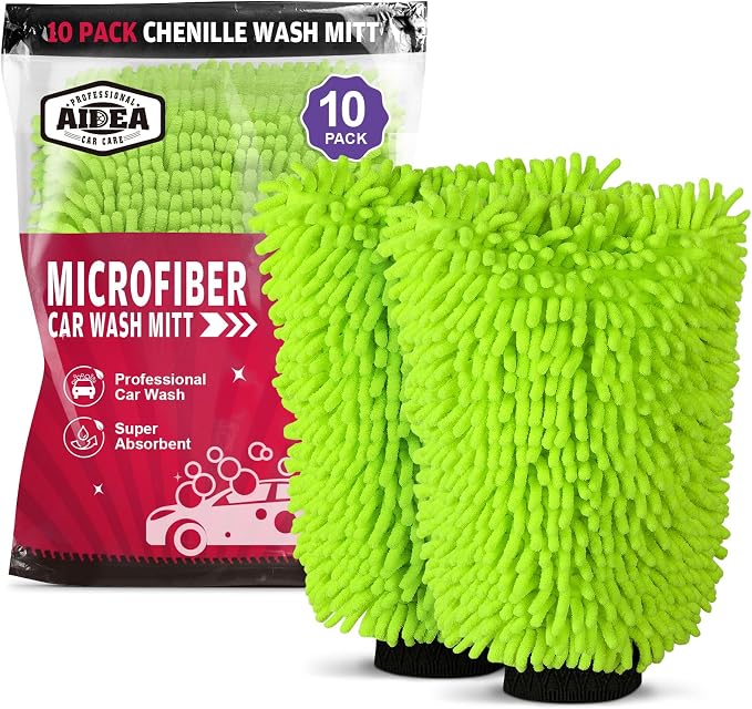 AIDEA Car Wash Mitt Microfiber, 10PK, Car Wash Brush, Green, 7.12' X10.14'' | Scratch Free Lint Free Premium Chenille Microfiber Mitt, Cleaning Supplies, Regular Size