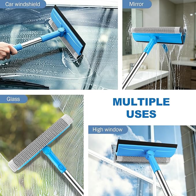 Window Squeegee, 2 in 1 Window Cleaner Tool with 57-in Extension Pole and Sponge Professional Squeegee for Window Cleaning Car Windshield Glass Shower, Blue