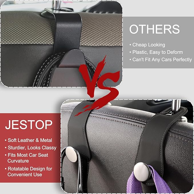 Leather Car Seat Storage Hanger, 2 Pack, Stylish Seat Organizer Hooks for Purses, Bags, Coats, Umbrellas, Black