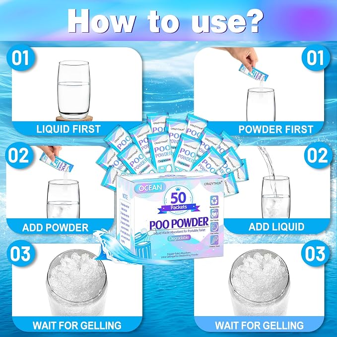 Poo Powder for Portable Toilet Gel Powder, Camping Toilet Gel 50PCS | Ocean Scent Pee Powder, Eco Toilet Gel for 650ml Urine/10g, Toilet Gel Powder for Outdoor Camping and Hiking