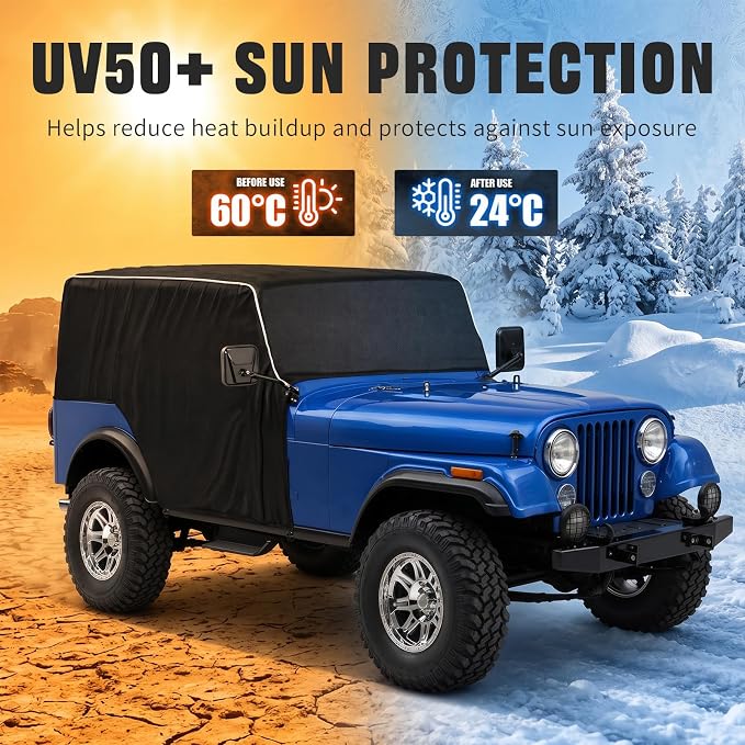 600D Cab Cover Windproof Sunshade Cover Compatible with Jeep Wrangler CJ7 1976-1986 2 Door, 6-Layer Protection Frost Wiper & Mirror Covers Protect from Sunshine, UV, Snow, Rain
