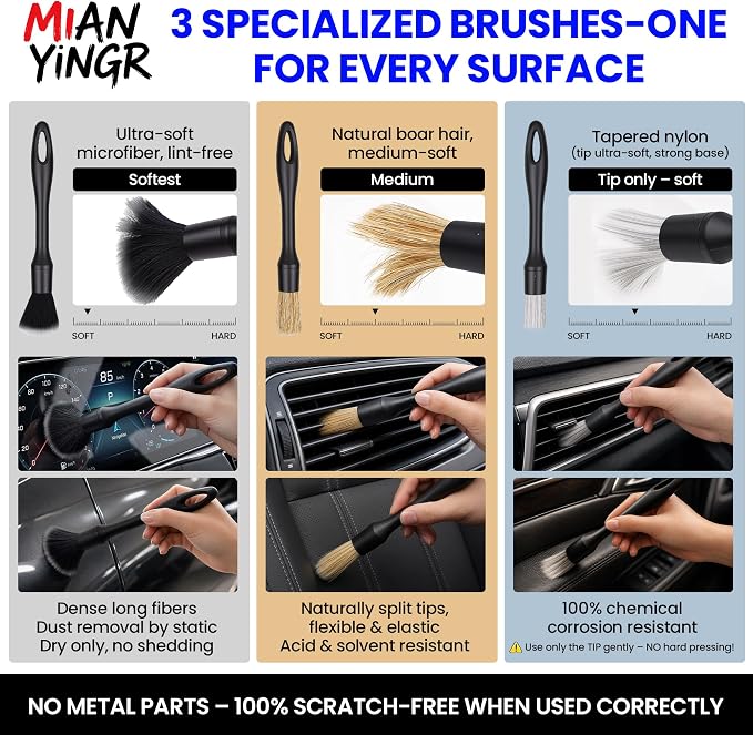 Detailing Brush Set, 9PCS Car Detailing Kit Interior with 2 Cleaning Gel & Towel, Boar Hair Car Detailing Brush, Soft Bristle Dust Brush for Dashboard Vents, Auto Truck SUV RV Accessories