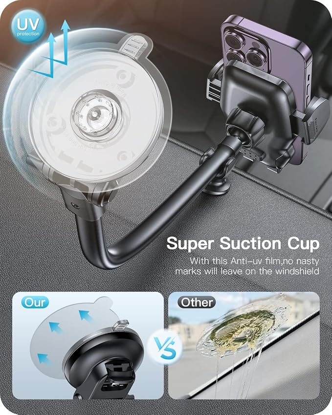 Car Phone Holder Mount Gooseneck Dashboard Windshield Suction Cup Phone Mount Anti-Shake Stabilizer Phone Car Cradle Compatible with All Cellphones & Thick Phone Case-H3S Carbon Fiber Style