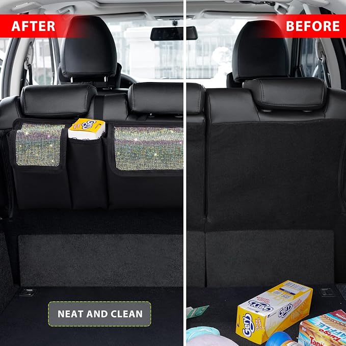 Car Trunk Organizer and Storage, Backseat Hanging Organizer for SUV, Truck, MPV, Waterproof, Collapsible Cargo Storage Bag with 5 Pockets, Bling Car Interior Accessories for Women,Multicolor