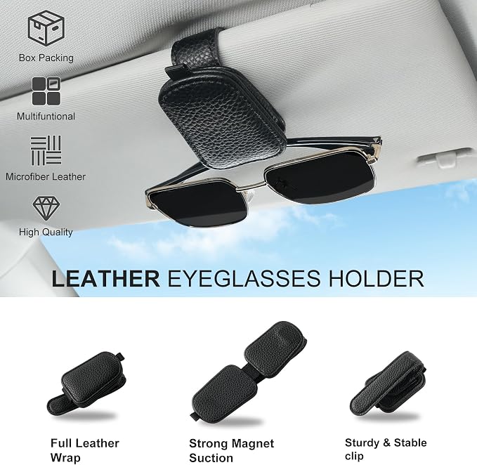 Sunglasses Holder for Car, Leather Magnetic Buckle Sun Visor Sunglass Clip, Ticket Card Storage Glasses Clip, Car Interior Accessories for Men and Women（Black）
