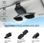 Sunglasses Holder for Car, Leather Magnetic Buckle Sun Visor Sunglass Clip, Ticket Card Storage Glasses Clip, Car Interior Accessories for Men and Women（Black）